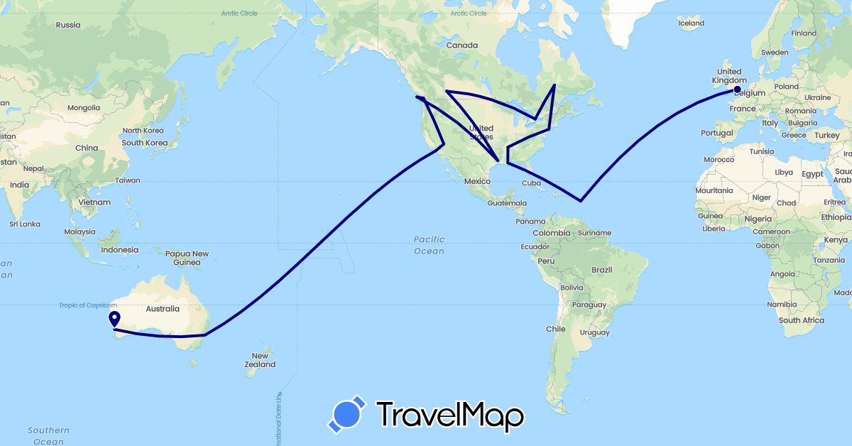 TravelMap itinerary: driving in Australia, Canada, France, United Kingdom, United States (Europe, North America, Oceania)